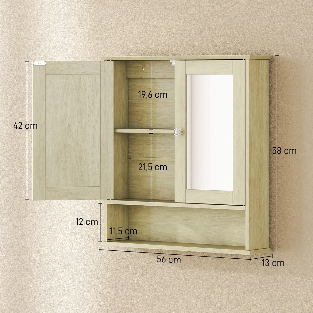 Armário de Parede com Espelho para Casa de Banho 2 Portas Prateleira Aberta e Ajustável 56x13x58 cm Madeira
