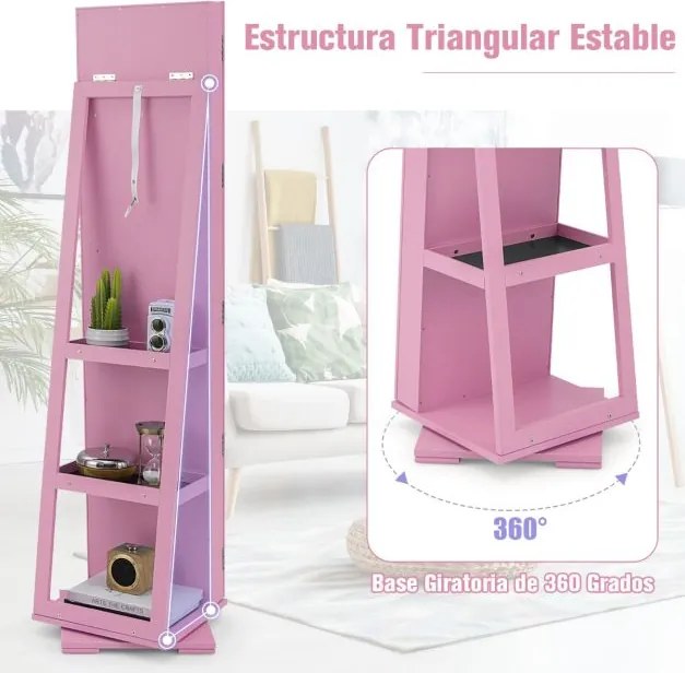 Espelho giratório 360° para joias com espelho de corpo inteiro Organizador de joias com espelho para maquilhagem 39 x 39 x 161 cm Rosa