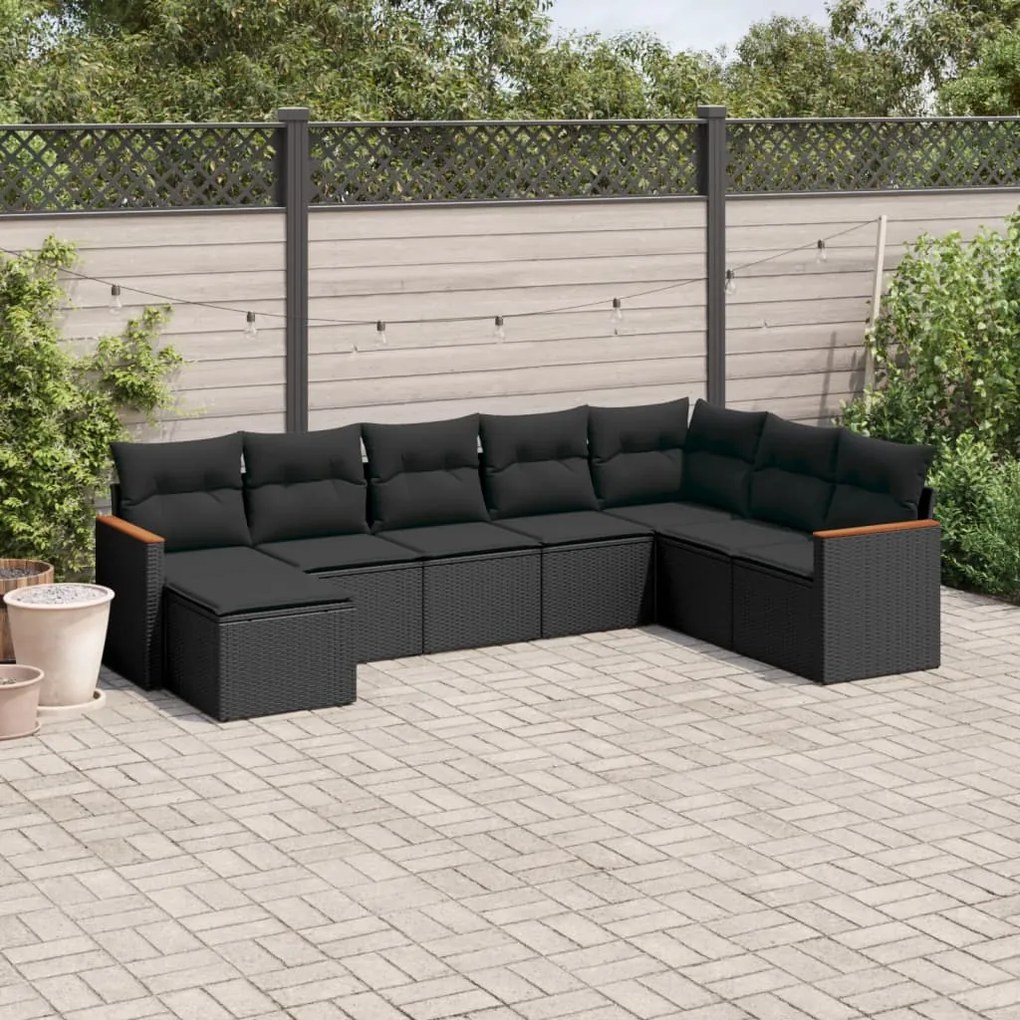 8 pcs conjunto sofás de jardim com almofadões vime PE preto