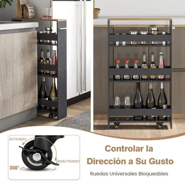 Carrinho de cozinha estreito 47,5 x 20 x 80,5 cm de 4 níveis com rodas com pega e estantes abertas para espaços pequenos Cinzento