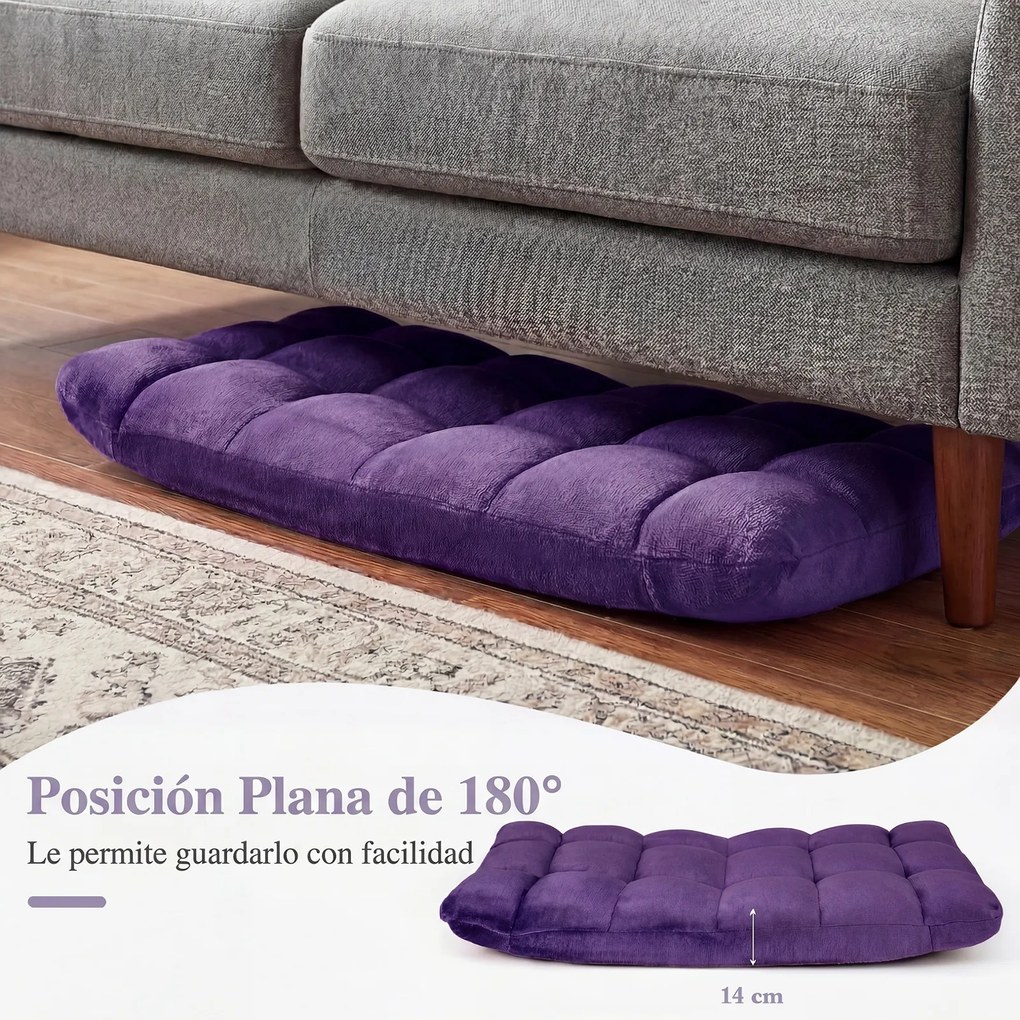 Cadeira de Chão Dobrável, 104 x 53 x 15 cm, Encosto Ajustável em 14 Posições, Roxo