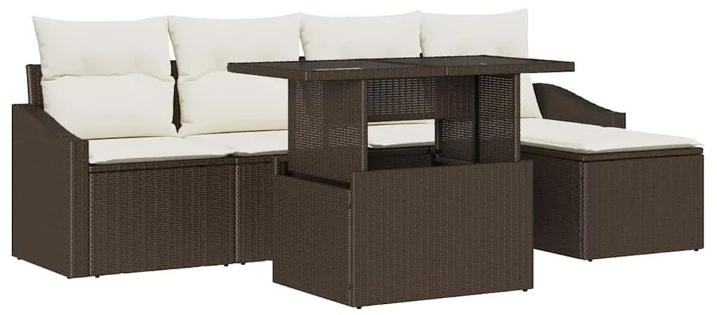 Conjunto de Sofá de Jardim com 6 Peças e Almofadas em Vime Castanho