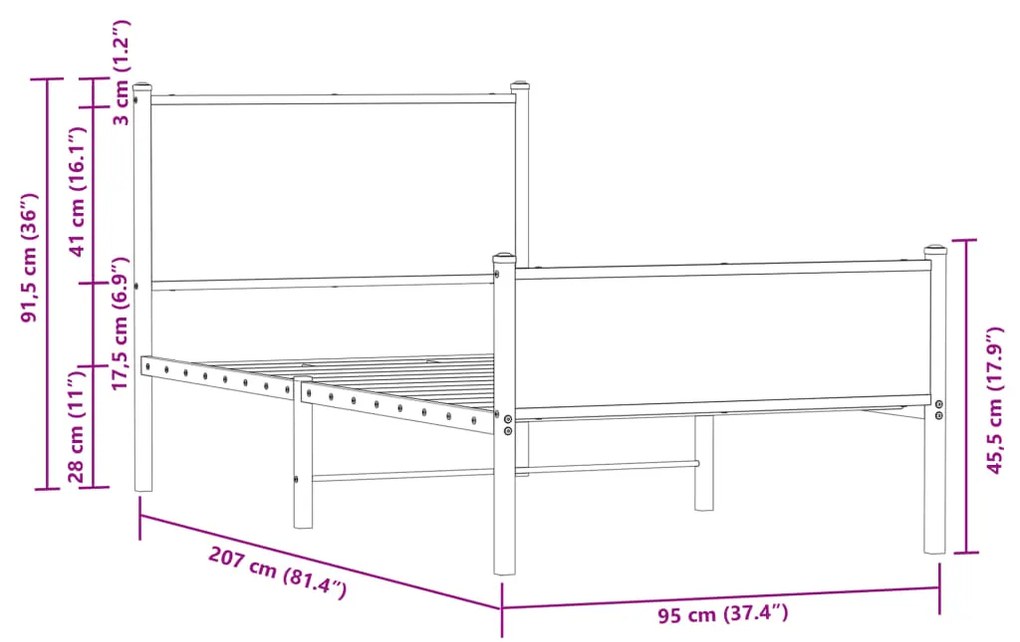 Estrutura de cama sem colchão 90x200 cm metal carvalho castanho