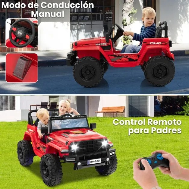 Carro Elétrico para Crianças de 2 Lugares com Bateria 24V com Controlo Remoto Bluetooth Música Luzes LED Vermelho