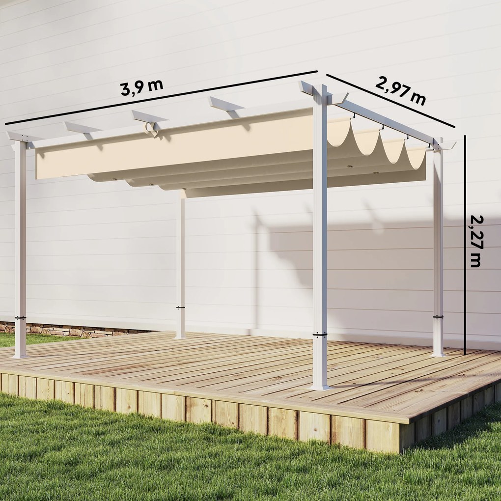 Pérgola de Jardim 4x3 m com Teto Retrátil Proteção UPF30+ Drenagem Pérgola de Exterior para Terraço Bege