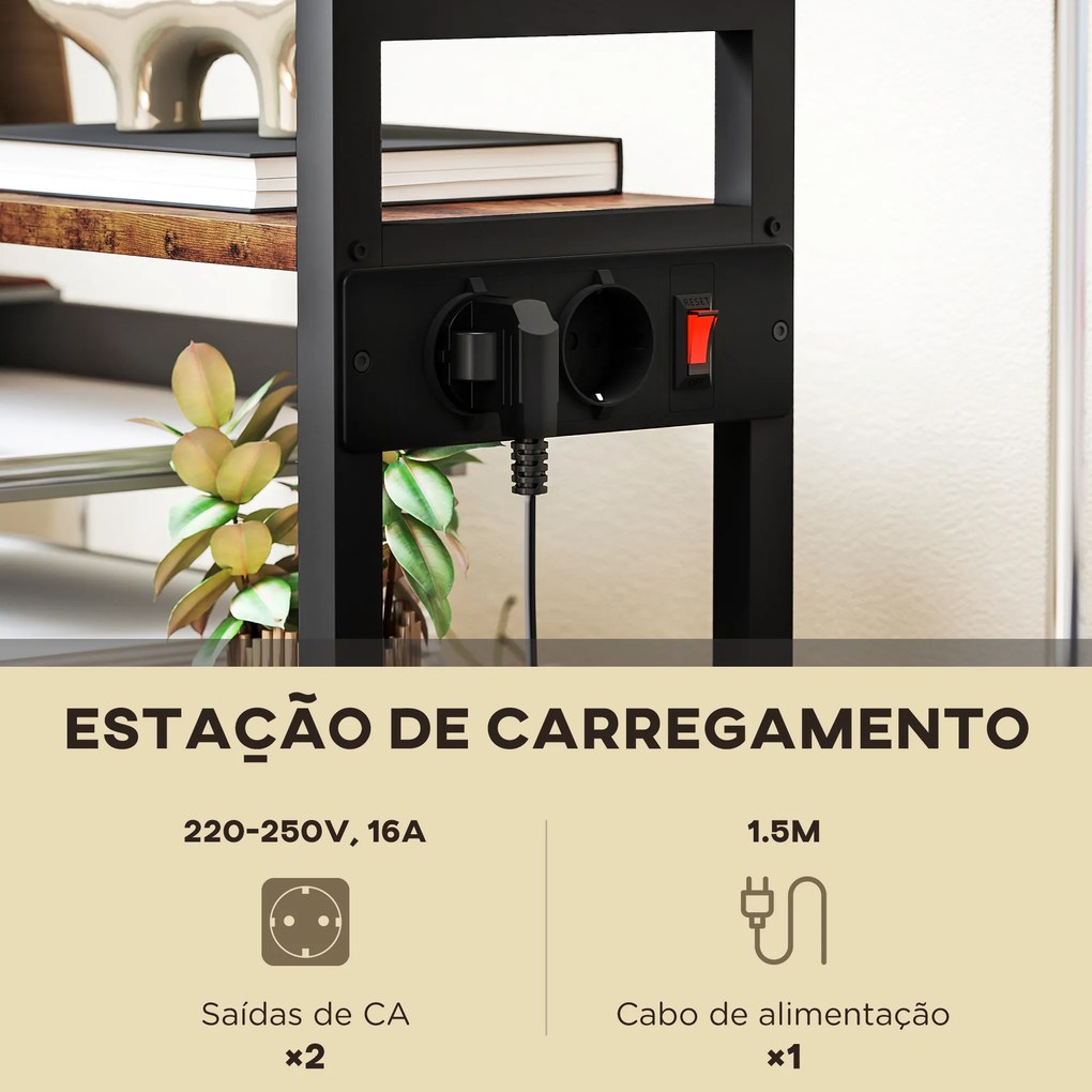Suporte para Impressora com Estação de Carregamento Móvel para Impressora de 4 Níveis com Rodas e Estrutura Metálica 55x37,5x100 cm Castanho Rústico