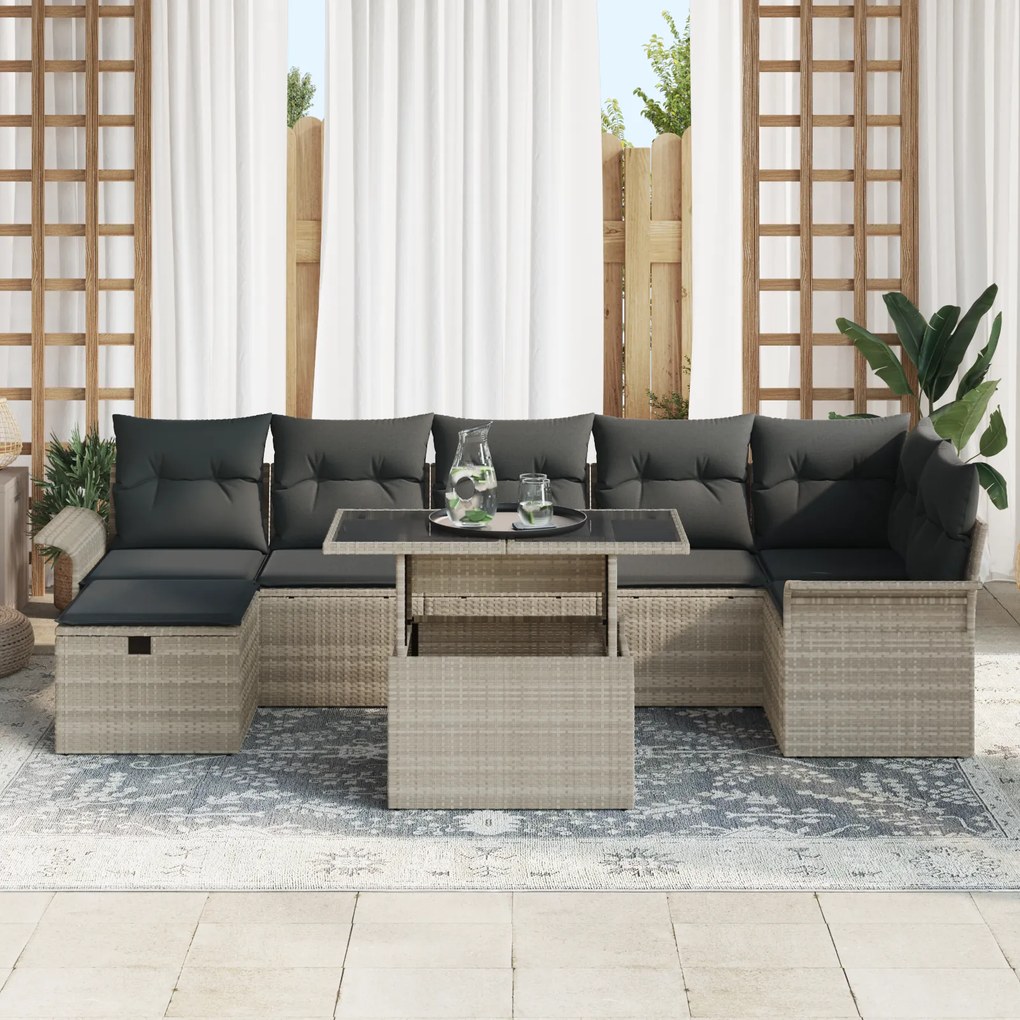 Conjunto de Sofá de Jardim vidaXL com 8 Peças e Almofadas Cinza Claro
