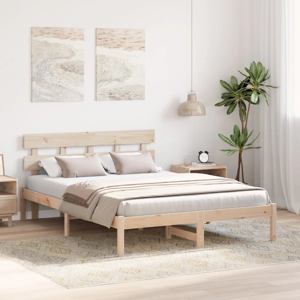 Estrado de Cama com Cabeceira 160x200 cm Madeira Sólida Pinho