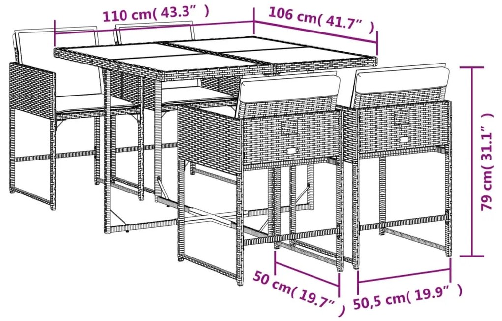 5 pcs conjunto de jantar p/ jardim com almofadões vime PE bege