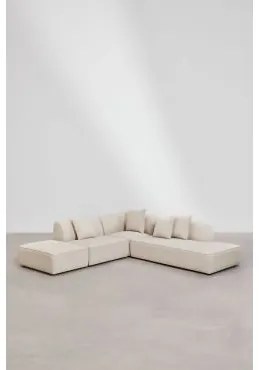 Sofá De Canto Modular Cardea De 3 Peças Com Chaise Longue Direita E Pufe Estofado Chenille Beige Creme - Sklum