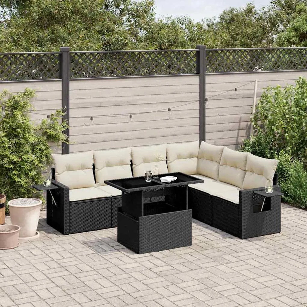 vidaXL 7 pcs conjunto de sofás p/ jardim c/ almofadões vime PE preto