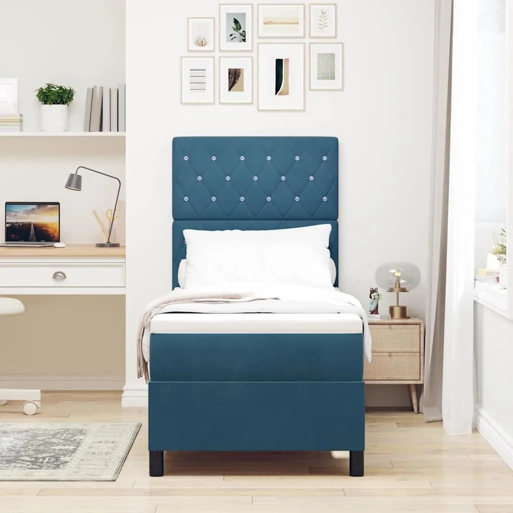 Camas Box Spring vidaXL com Colchão e LED Azul Escuro 80x200 cm Veludo