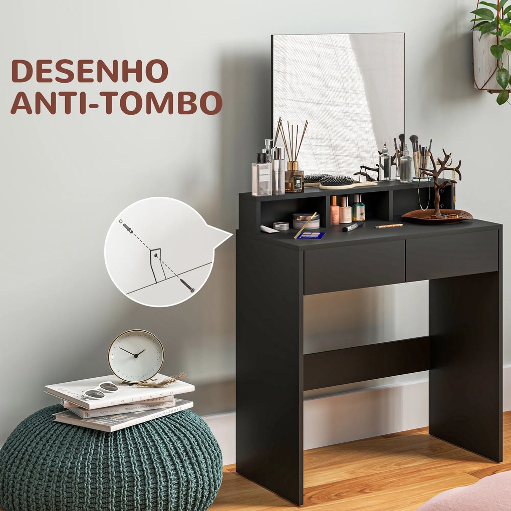 Toucador de Maquilhagem com Espelho Toucador com 2 Gavetas 3 Compartimentos Toucador para Dormitório 75x38x135 cm Preto