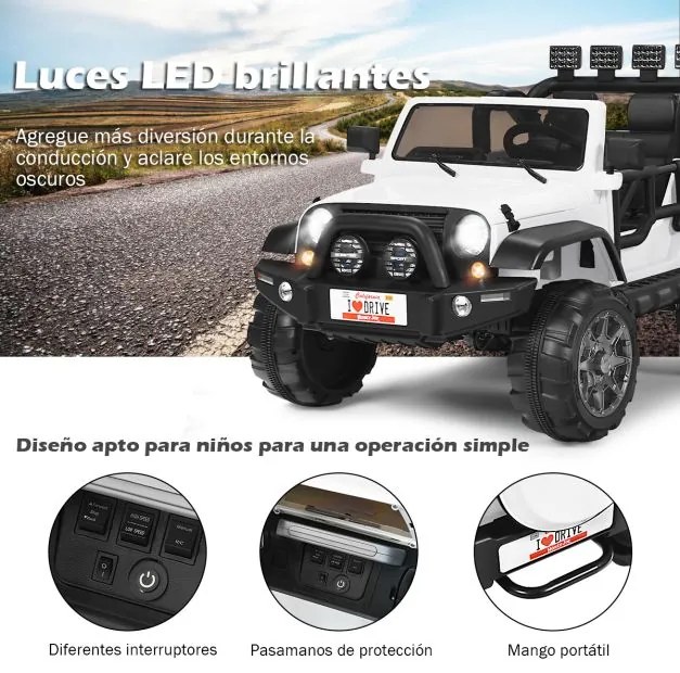 Carro elétrico para crianças Bateria 12V com 2 lugares com controlo remoto 2.4G 3 velocidades Música Buzina Porta USB Luzes LED Branco