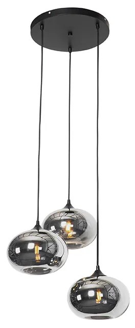 Candeeiro de suspensão Art Deco preto com vidro fumê 3 luzes redondo - Busa Art Deco
