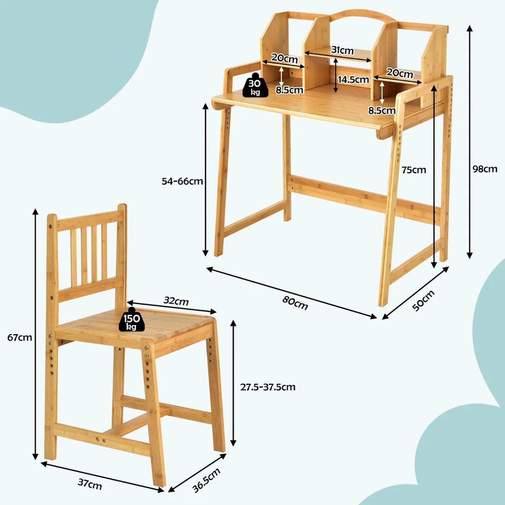 Conjunto de Mesa e Cadeira Bambu para Crianças Altura Ajustável Prateleira Natural