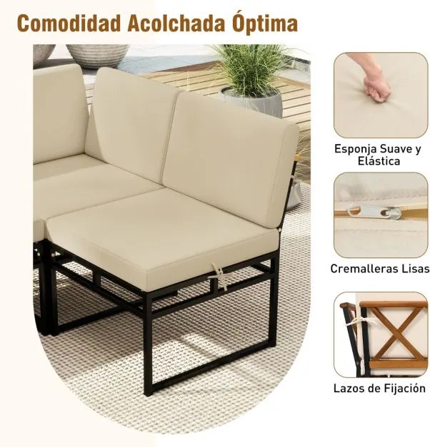 Conjunto jardim de 6 peças para exterior com móveis de metal e madeira de acácia, almofadas e mesa de café para jardim ou piscina, bege