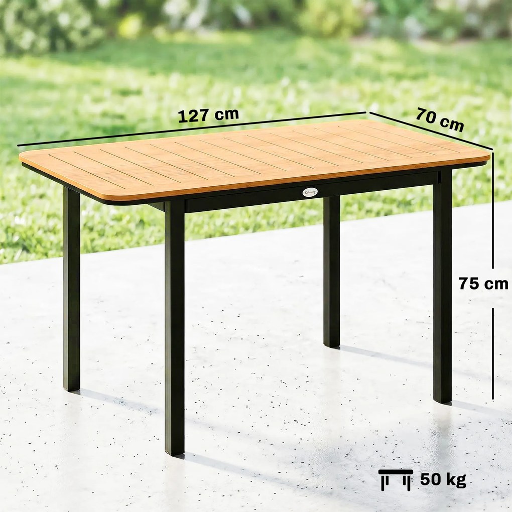 Mesa de jardim retangular para 6 pessoas 127 x 70 cm em madeira composta, com estrutura metálica e tampo de ripas, castanho