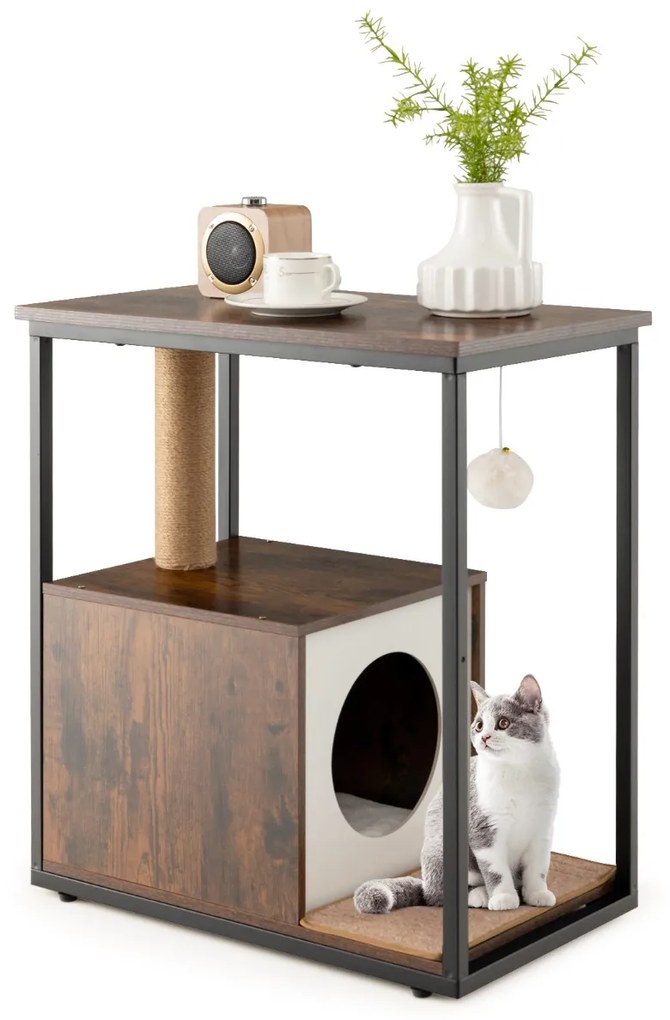 Mesa de apoio com arranhador e Casa do gato Tapete de arranhar amovível Brinquedo de bola Castanho