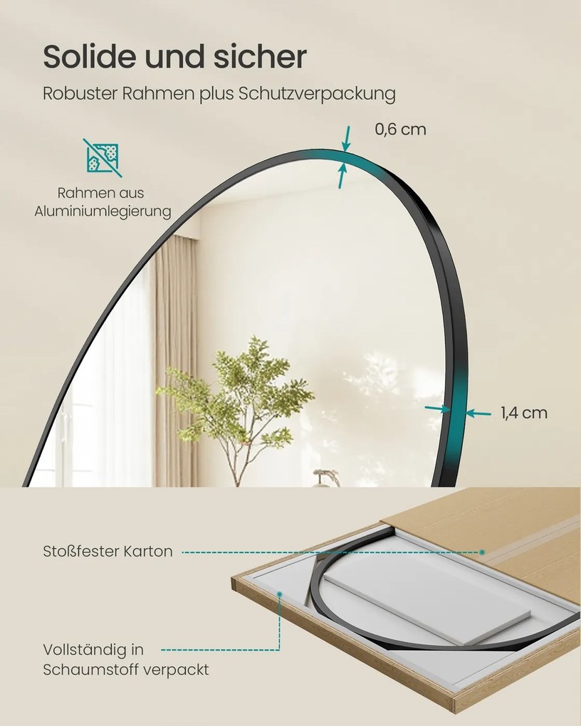 Espelho pé de corpo inteiro com 150 x 40 cm e moldura arqueada em vidro temperado preto