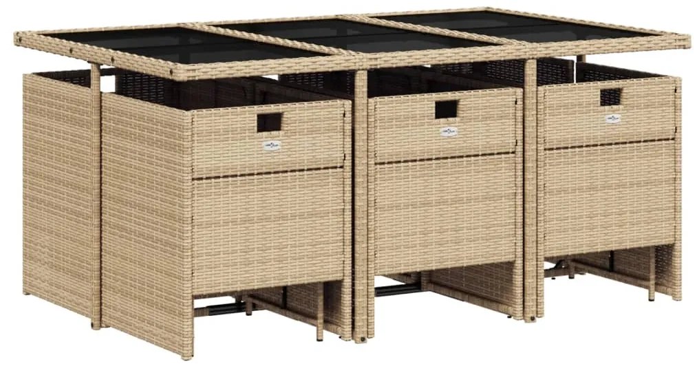 11 pcs conjunto de jantar p/ jardim com almofadões vime PE bege