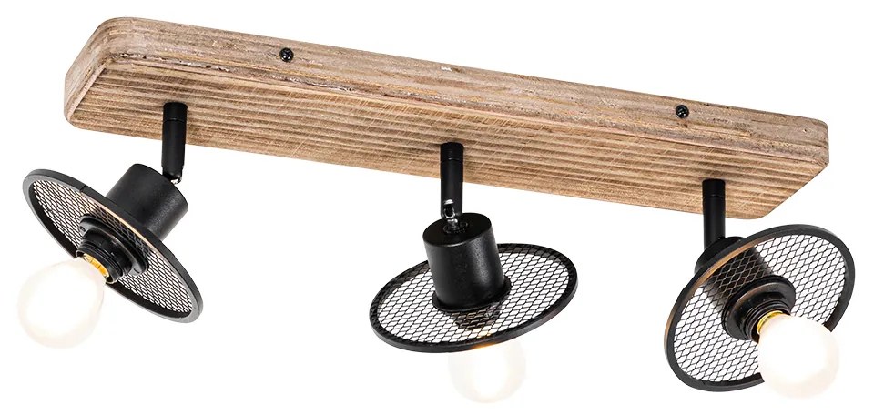 Candeeiro de teto industrial preto com madeira 3 luzes - Jasmine Industrial