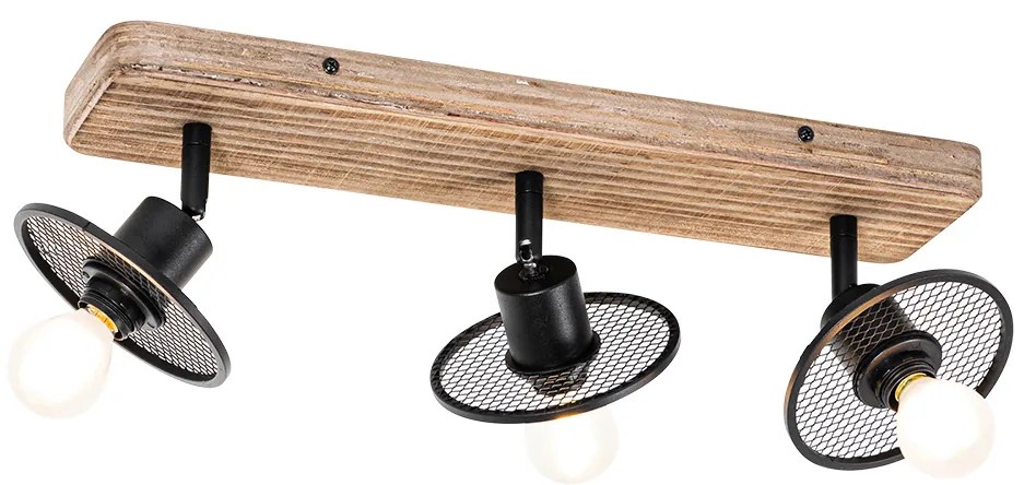 Candeeiro de teto industrial preto com madeira 3 luzes - Jasmine