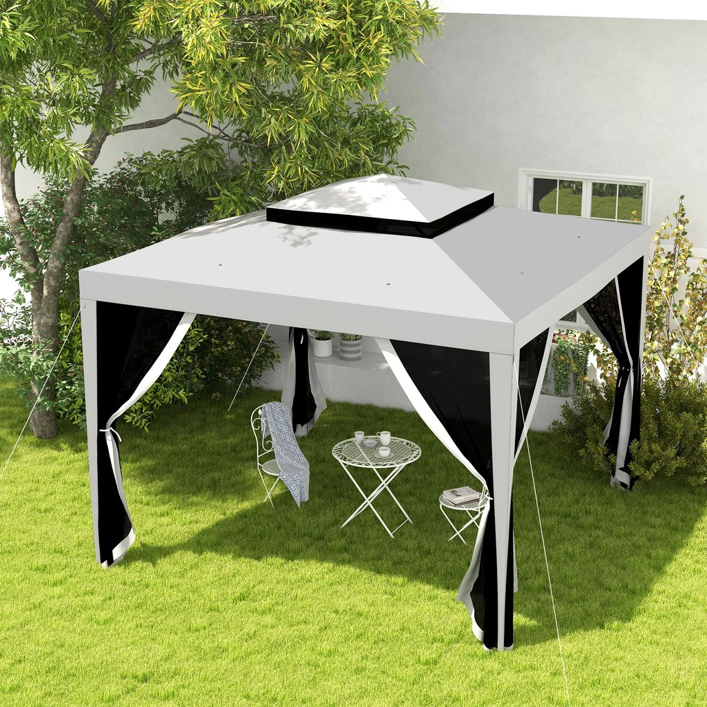 Pérgola de Jardim 297x297x268 cm Pérgola com 4 Redes Mosquiteiras Laterais e 8 Orifícios de Drenagem  Cinza