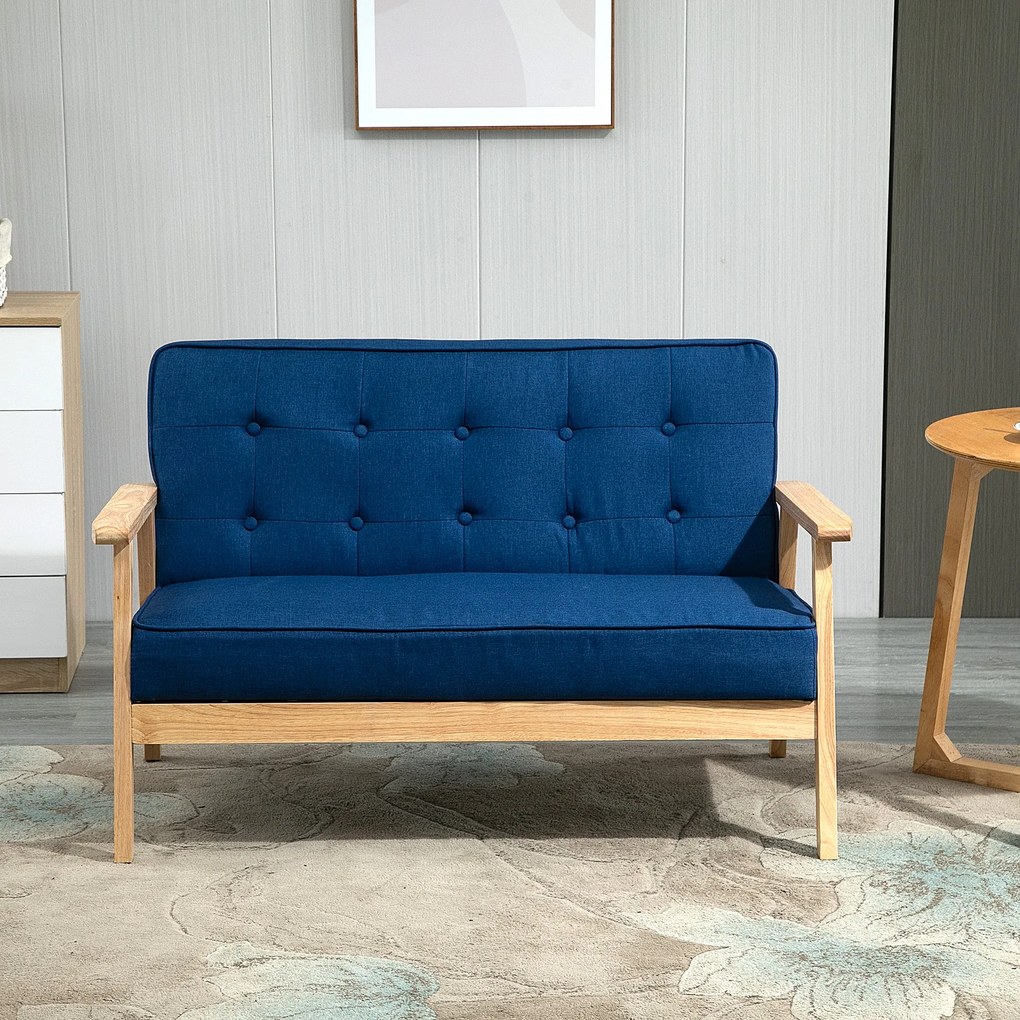 HOMCOM Sofá de 2 Lugares com Encosto e Almofadas Acolchoados Pés de Madeira Antiderrapantes para Sala de estar Dormitório Oficina 114x61x71 cm Azul