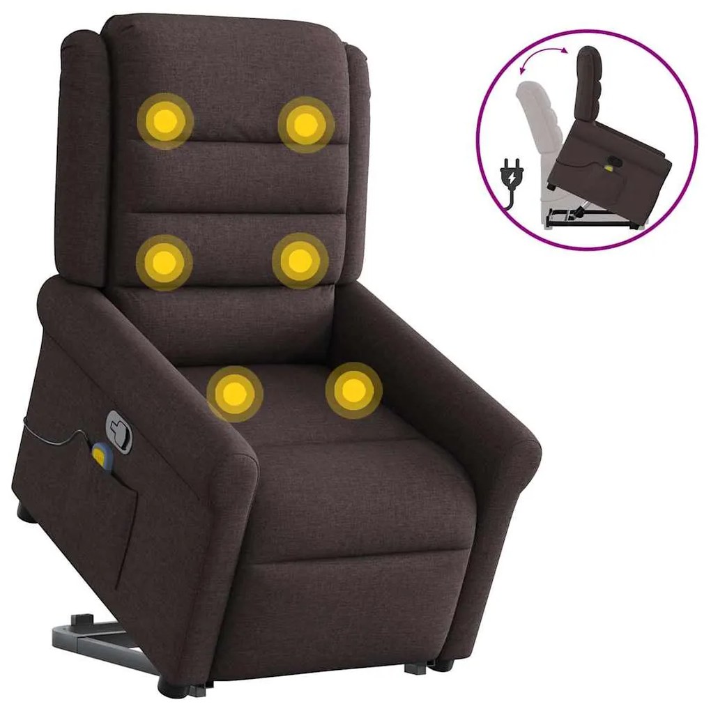 vidaXL Poltrona massagens reclinável elevatória tecido castanho-escuro