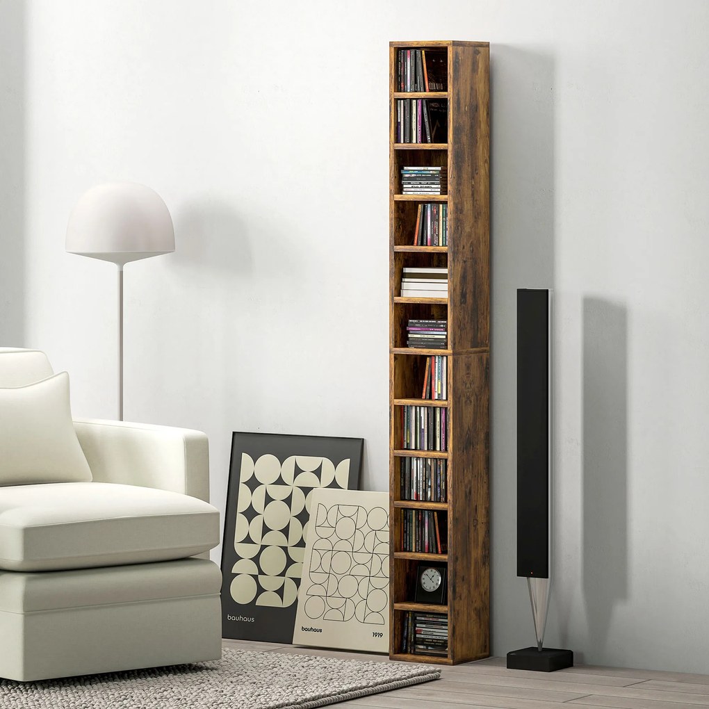 Organizador para CD e DVD com 12 compartimentos, capacidade máxima de 204 CD, 21 x 20 x 175 cm, castanho rústico
