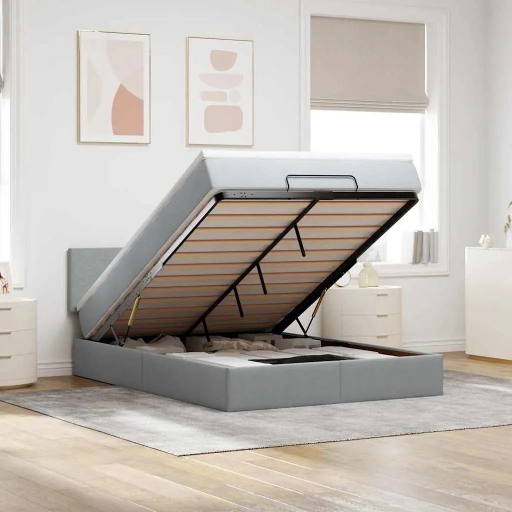 Cama otomana com colchão 140x190 cm tecido cinzento claro