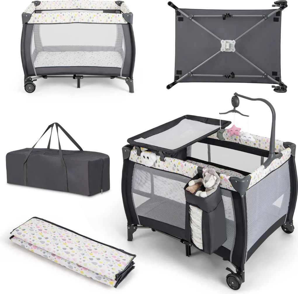 Berço de viagem dobrável 3 em 1 para bebés Cesto de brincar com tapete muda-fraldas Alcofa amovível 125 x 65 x 76 cm Multicolor