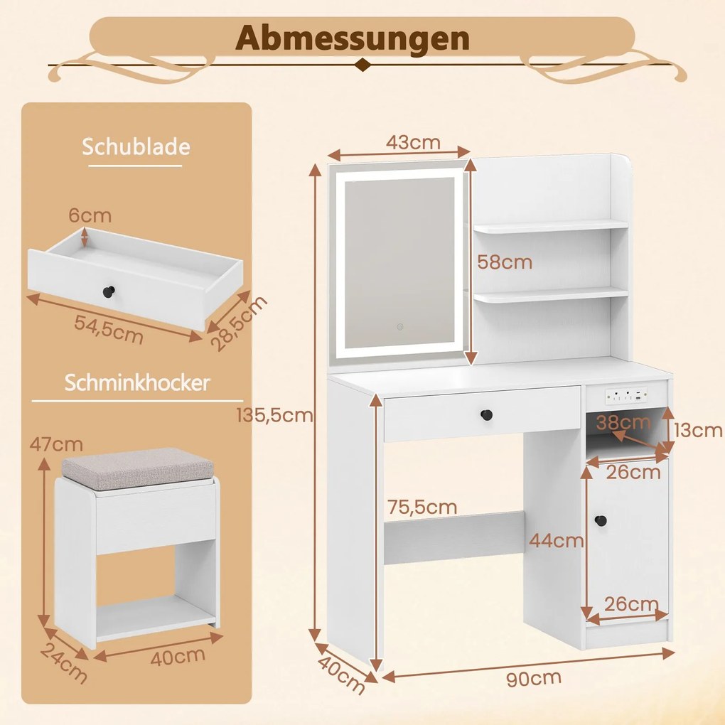 Toucador de maquilhagem com espelho e iluminação e banco mesa de cosméticos, branca