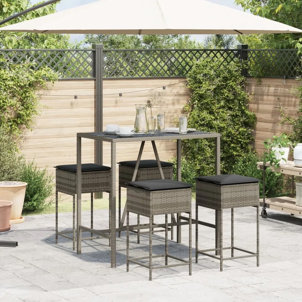 5 pcs conjunto de bar p/ jardim c/ almofadões vime PE cinzento