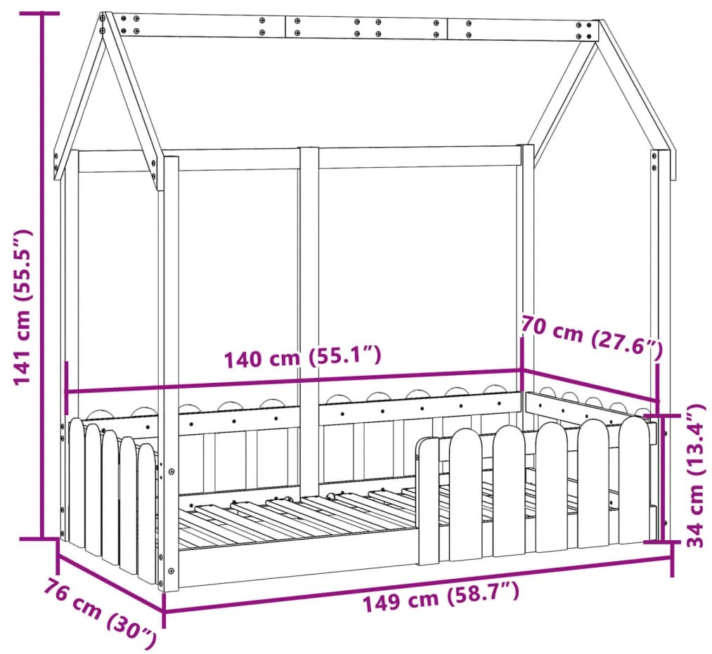 Cama infantil formato casa 70x140 cm pinho maciço castanho-mel