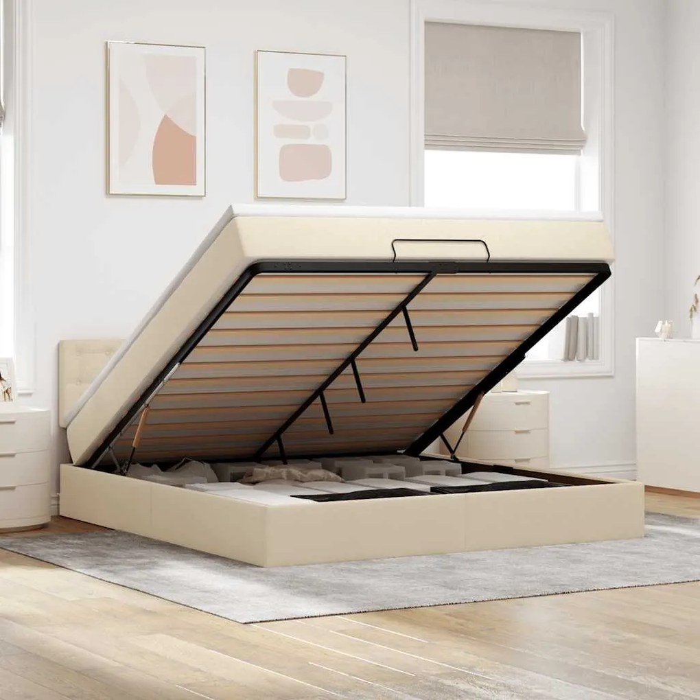 Estrutura de cama otomana com colchão tecido creme 160x200cm