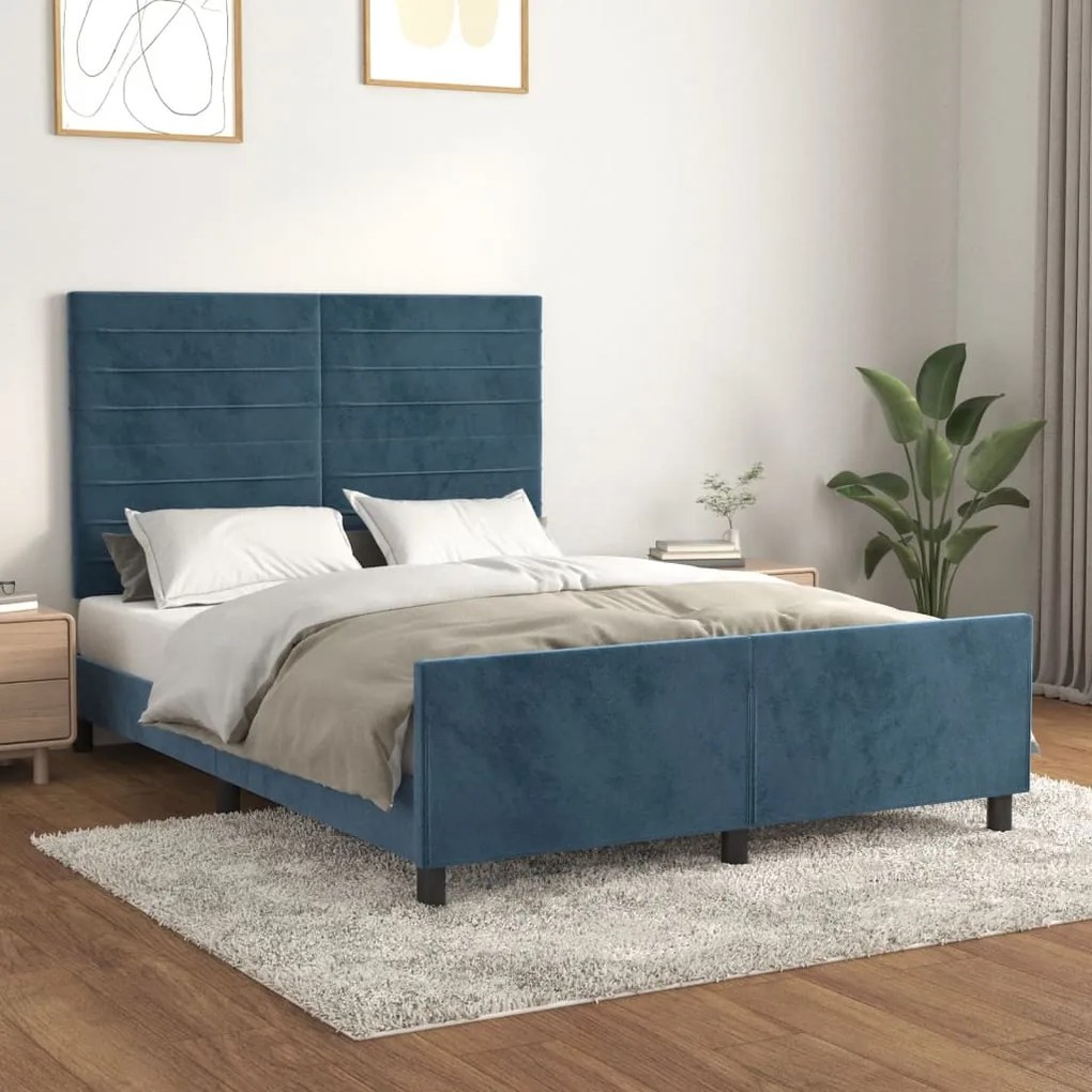 Estrutura de cama sem colchão 140x190 cm veludo azul-escuro