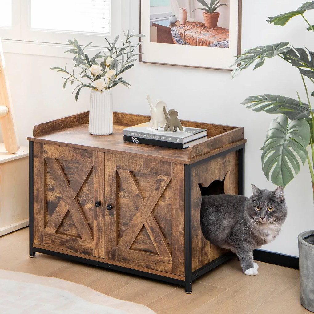 Armário para caixa areia gatos com portas duplas, móvel decorativo 80 x 50 x 58 cm, castanho