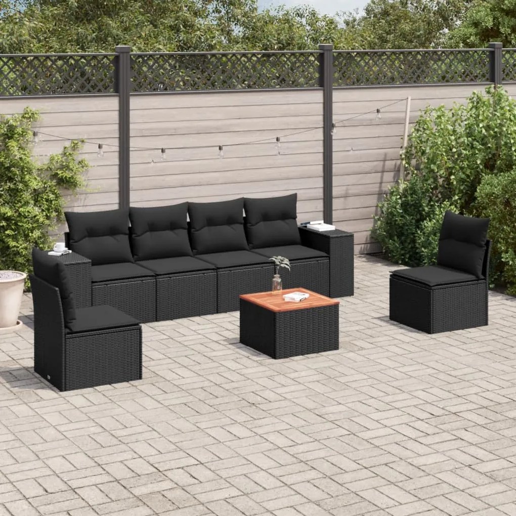 7 pcs conjunto de sofás p/ jardim c/ almofadões vime PE preto