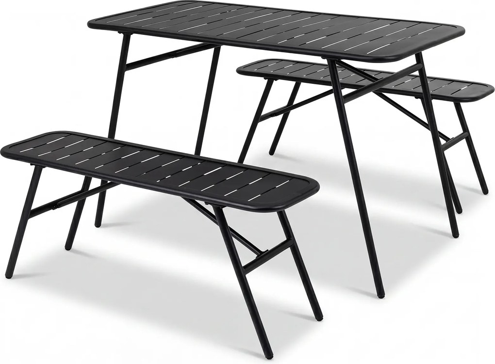 Conjunto de 3 Peças, Mesa de Piquenique e 2 Bancos Dobráveis, 120 x 60 x 75 cm, Estrutura Metálica, Preto