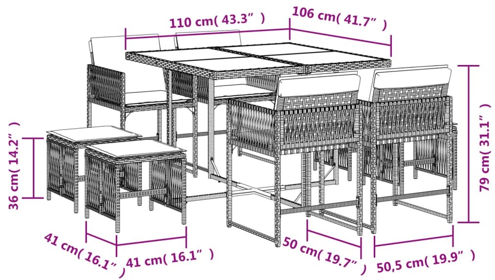 9 pcs conjunto de jantar p/ jardim com almofadões vime PE bege