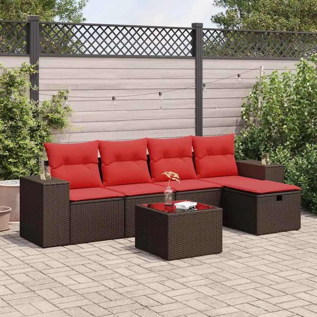 6 pcs conjunto de sofás jardim c/ almofadões vime PE castanho