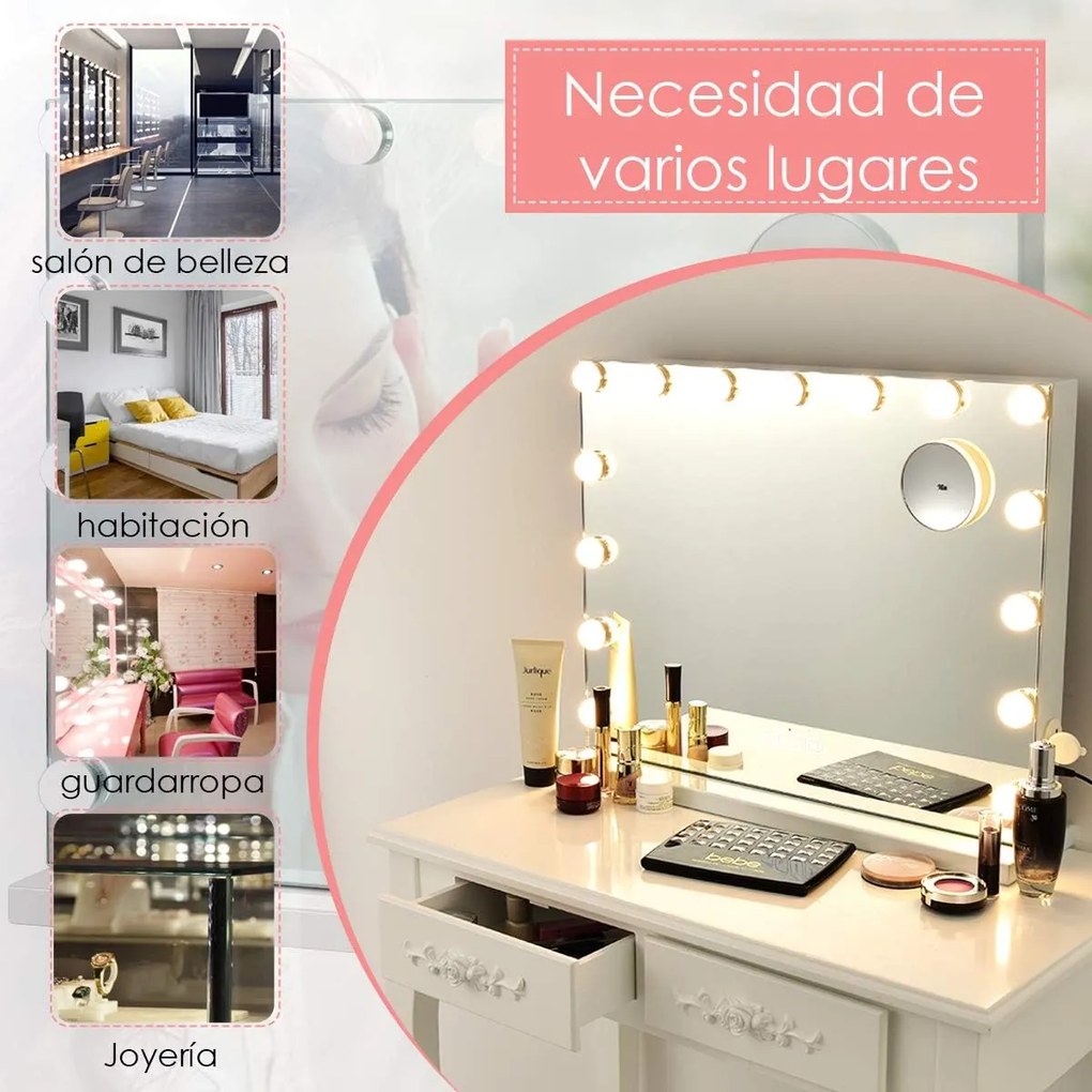 Espelho de maquilhagem com 2 altifalantes 15 luzes LED 3 cores de luz Espelho pequeno com ampliação de 10x Espelho cosmético Bluetooth Branco