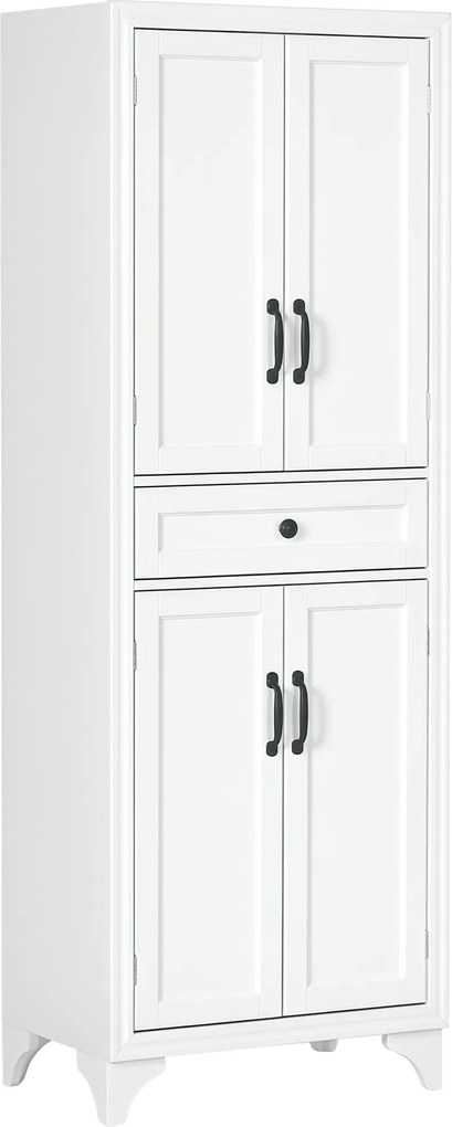 Armário alto de cozinha com 4 portas, 2 compartimentos e 1 gaveta central, altura de 170 cm, com prateleira ajustável, branco