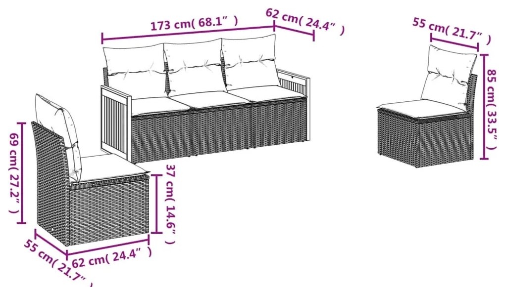 5 pcs conjunto sofás de jardim c/ almofadões vime PE cinzento