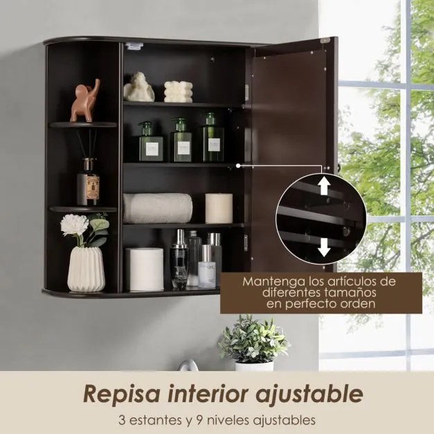 Armário de parede de madeira para casa de banho com espelho 65 x 17 x 64 cm Castanho