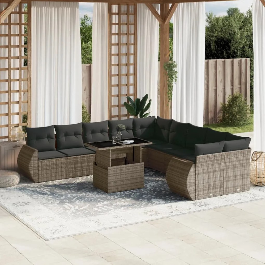 11 pcs conjunto sofás de jardim c/ almofadões vime PE cinzento
