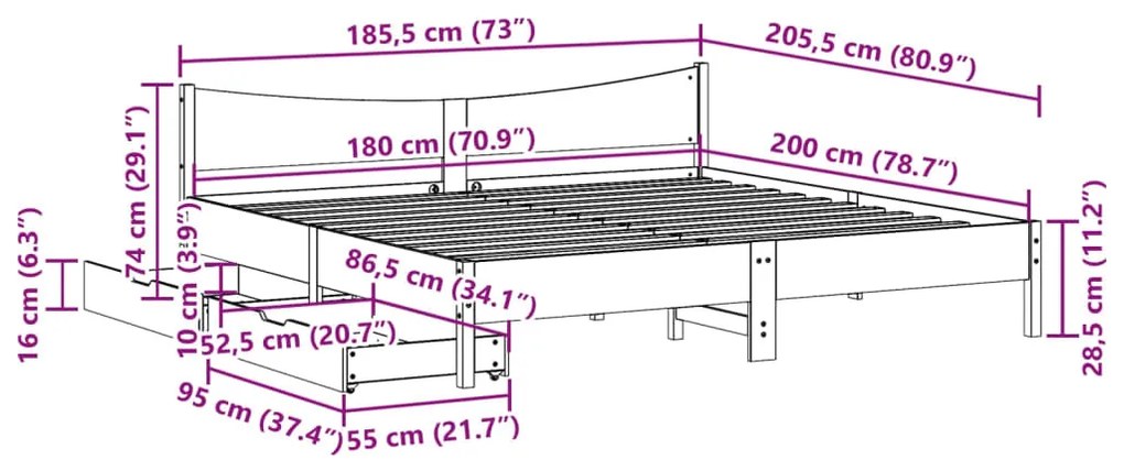 Estrutura de cama c/ gavetas 180x200 cm pinho castanho cera