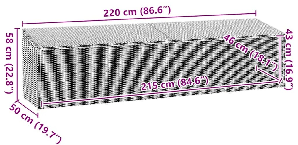 Caixa de arrumação para jardim 220x50x58 cm vime PE cinzento